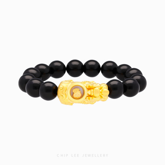 999 Pure Gold Black Agate Pixiu Bracelet