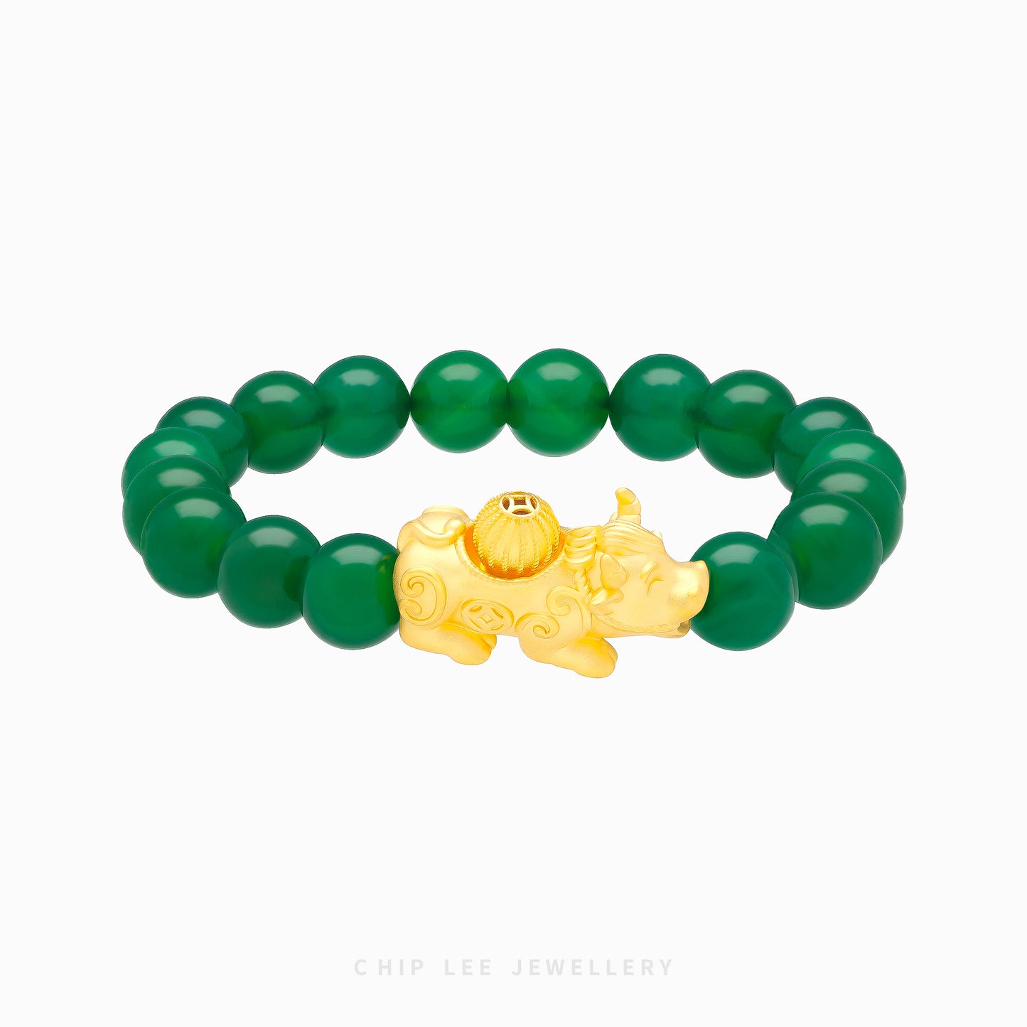 999 Pure Gold Green Agate Pixiu Bracelet