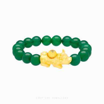 999 Pure Gold Green Agate Pixiu Bracelet