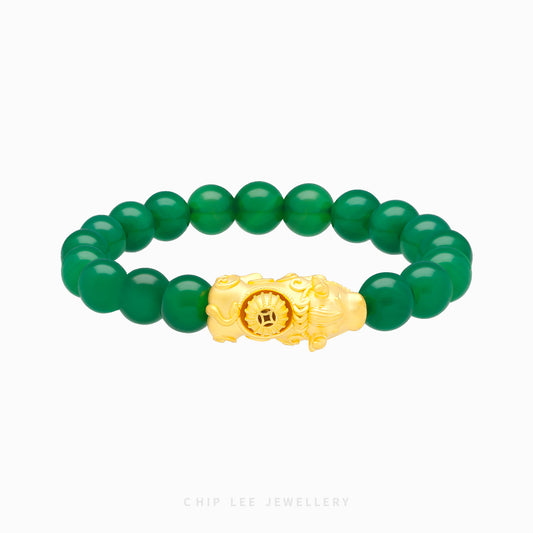 999 Pure Gold Green Agate Pixiu Bracelet