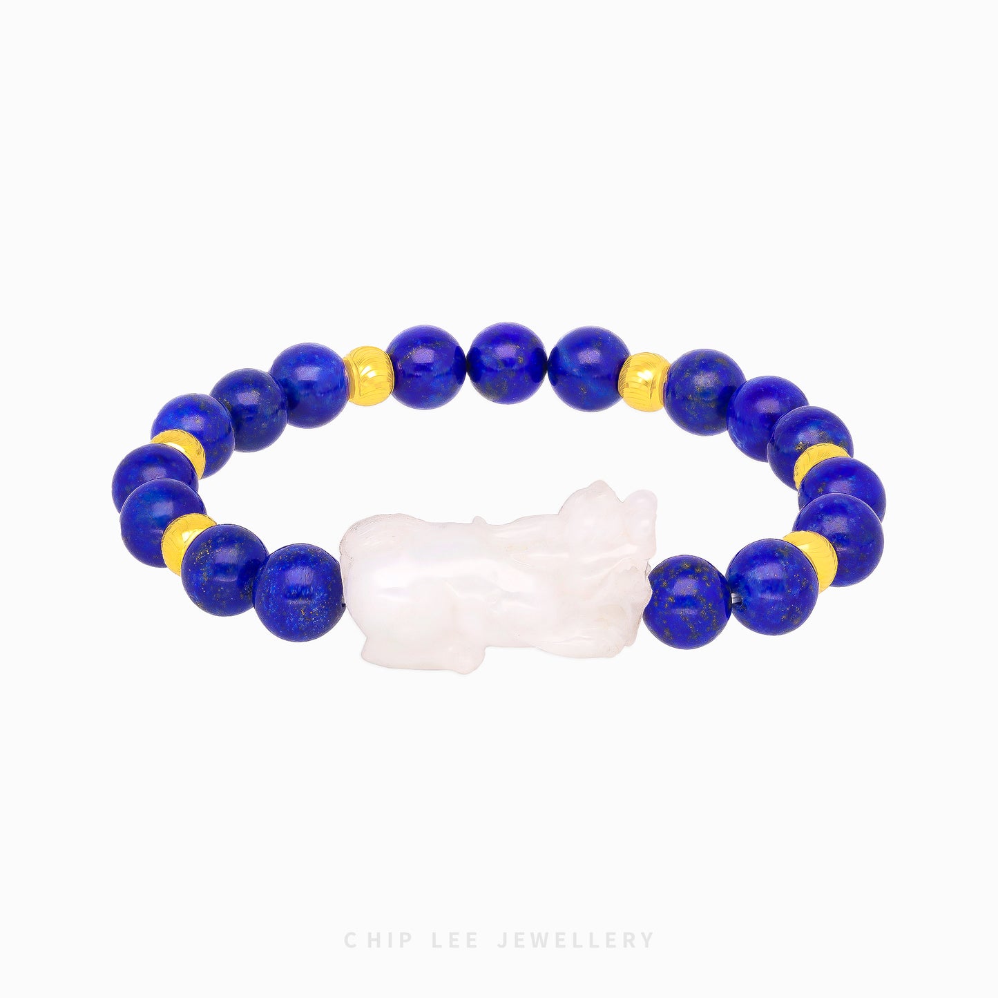 999 Pure Gold White Jade PiXiu with Blue Agate Bracelet