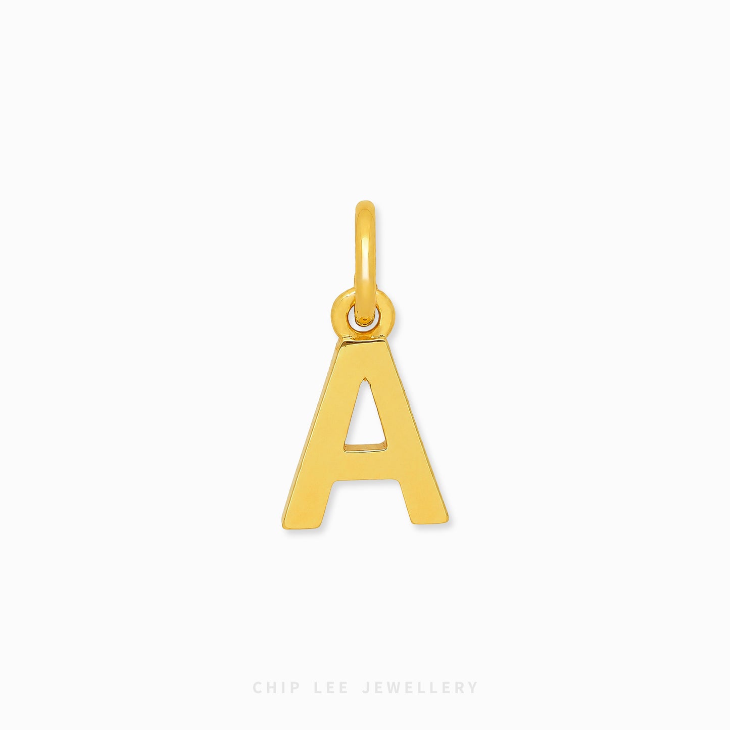 A polished yellow gold letter 'A' initial pendant charm with a top loop, shown on a clean white background with a faint 'CHIP LEE JEWELLERY' watermark at the bottom.