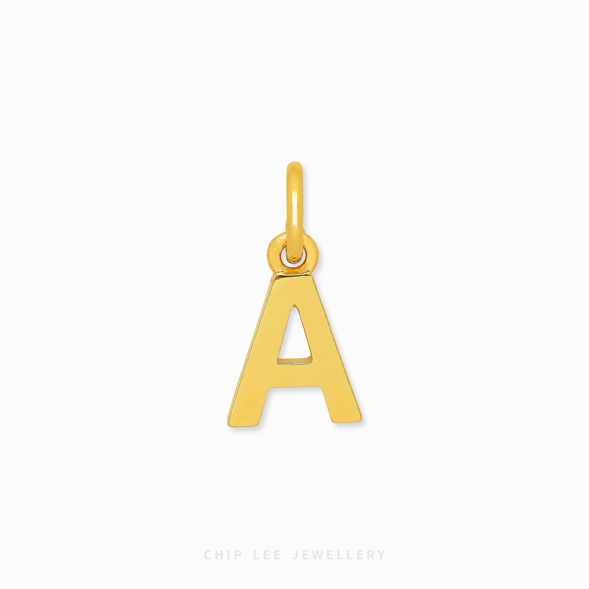 A polished yellow gold letter 'A' initial pendant charm with a top loop, shown on a clean white background with a faint 'CHIP LEE JEWELLERY' watermark at the bottom.