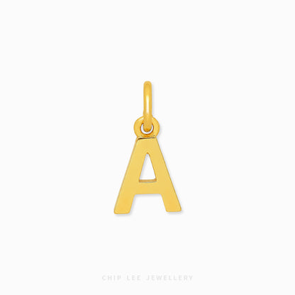 A polished yellow gold letter 'A' initial pendant charm with a top loop, shown on a clean white background with a faint 'CHIP LEE JEWELLERY' watermark at the bottom.
