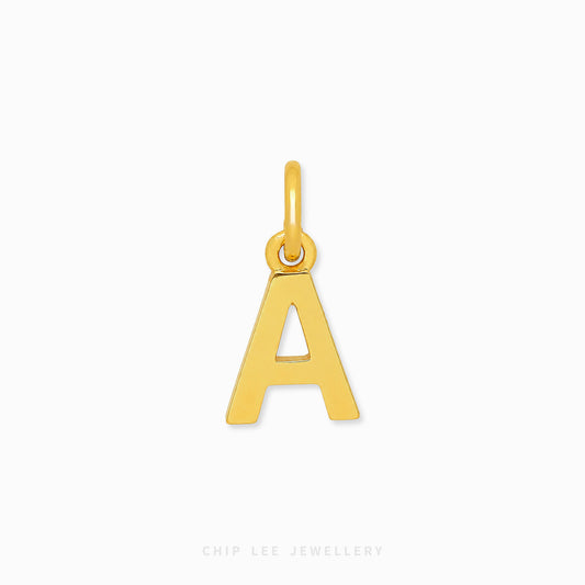 A polished yellow gold letter 'A' initial pendant charm with a top loop, shown on a clean white background with a faint 'CHIP LEE JEWELLERY' watermark at the bottom.