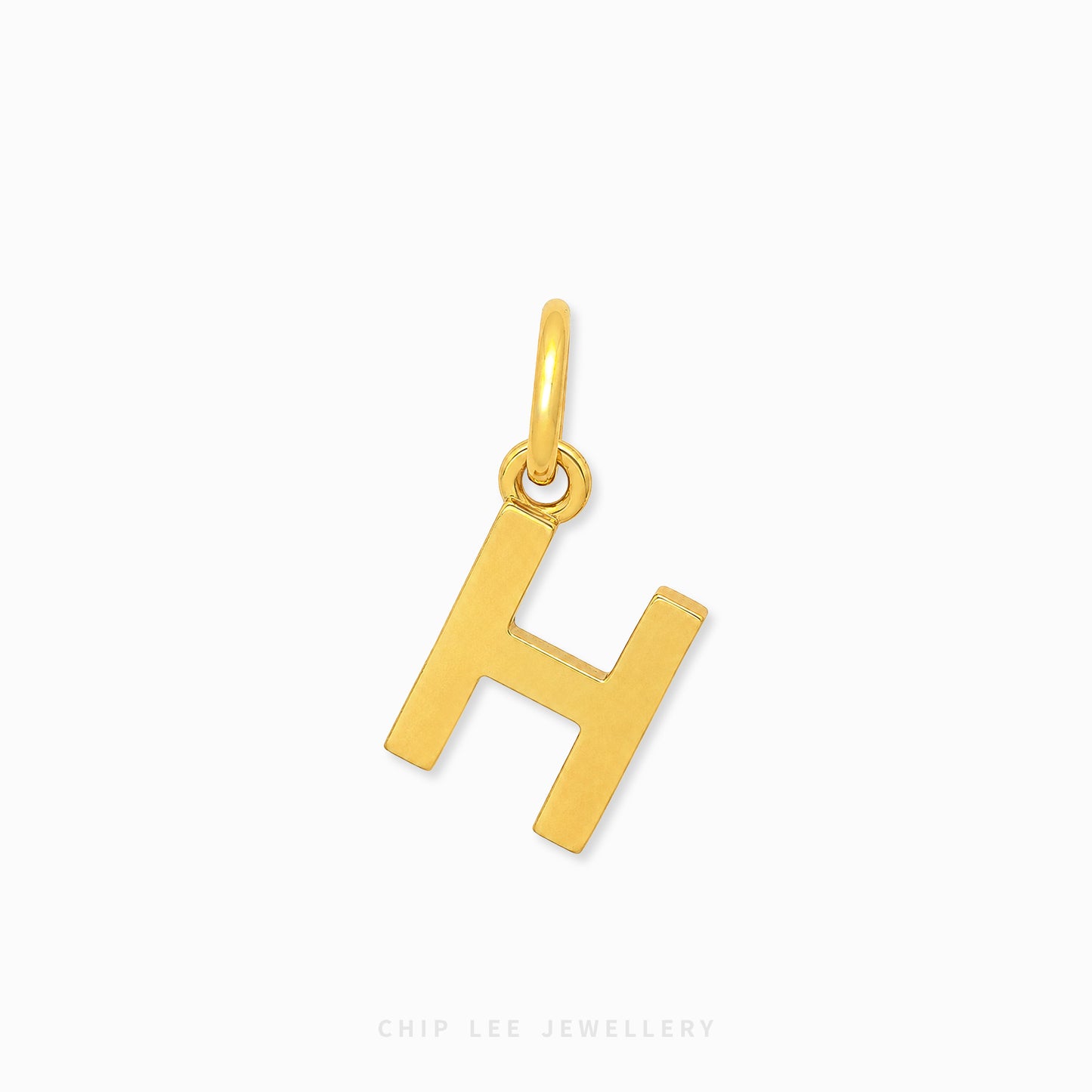 A polished yellow gold initial letter 'H' pendant charm with a top loop, shown on a clean white background with a faint 'CHIP LEE JEWELLERY' watermark at the bottom.