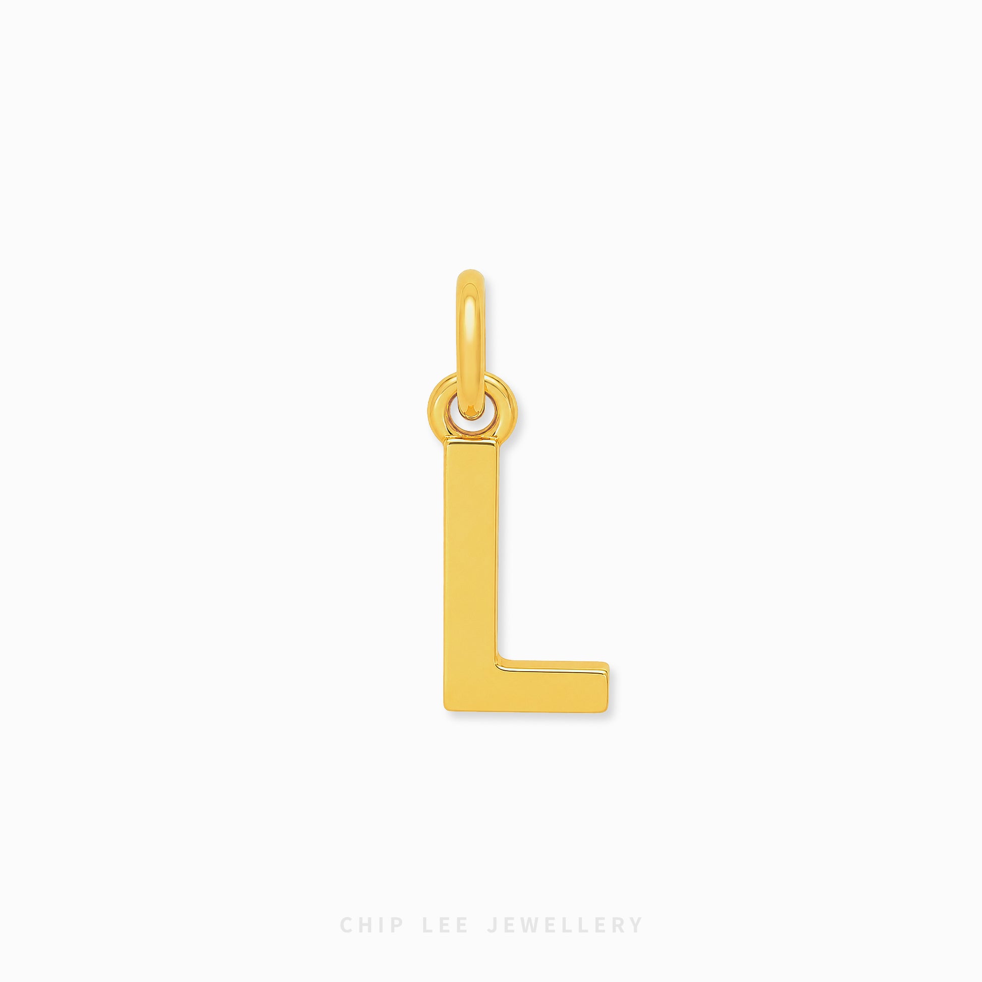 A polished yellow gold initial pendant charm shaped like the letter 'L', shown on a clean white background with the brand name 'CHIP LEE JEWELLERY' printed at the bottom.