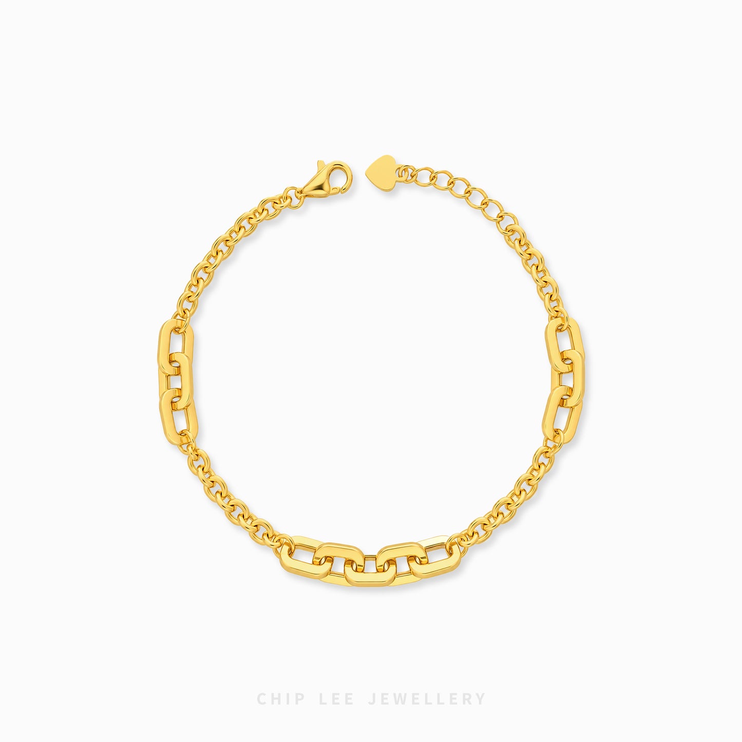 Amara Bracelet with alternating elongated rectangular links and delicate oval chains, finished with a lobster clasp and adjustable chain.