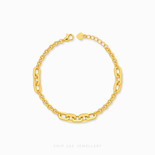 Amara Bracelet with alternating elongated rectangular links and delicate oval chains, finished with a lobster clasp and adjustable chain.