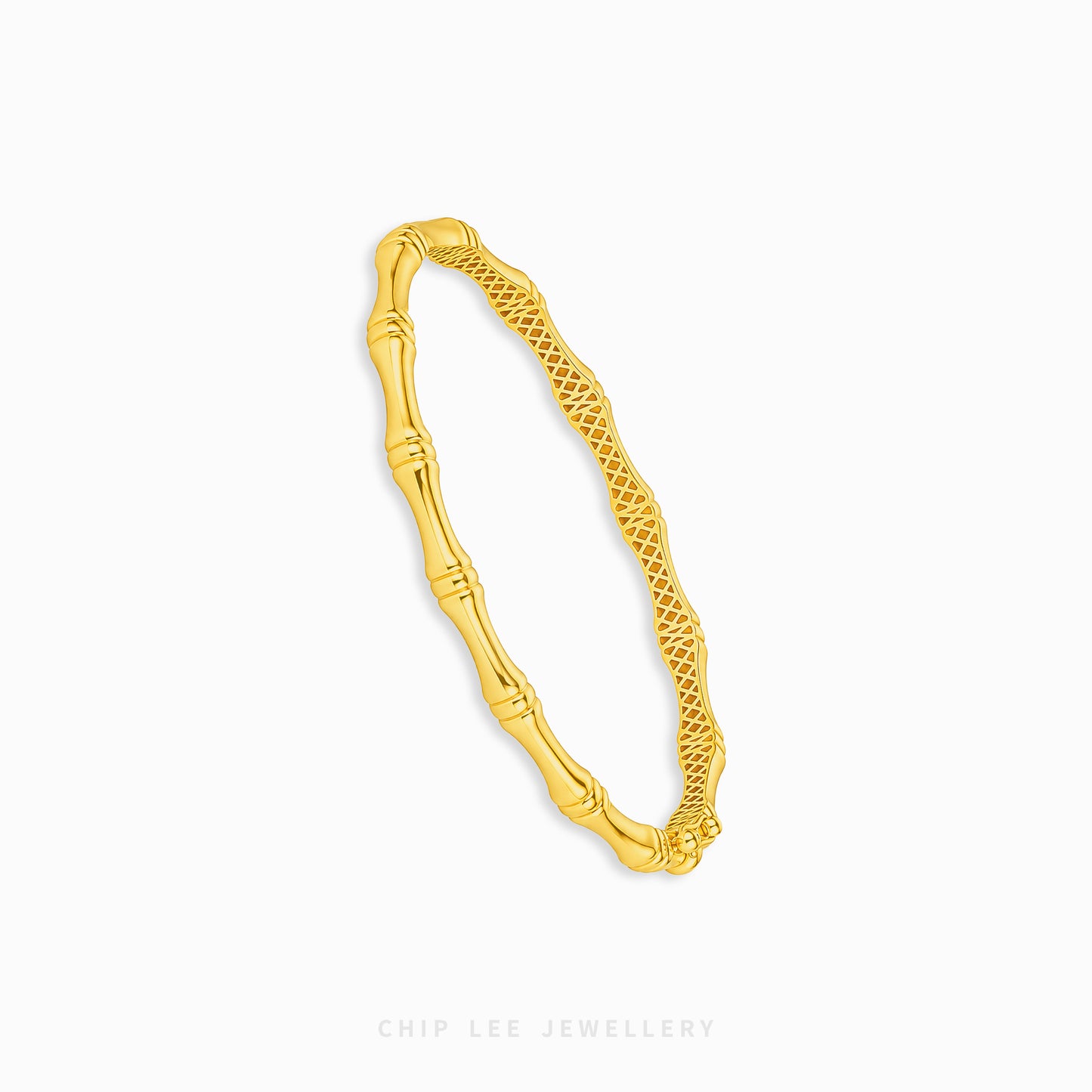 A gold bangle bracelet with a textured bamboo-inspired design on one side and a woven pattern on the other, shown on a light gray background with the brand name 'CHIP LEE JEWELLERY' at the bottom.