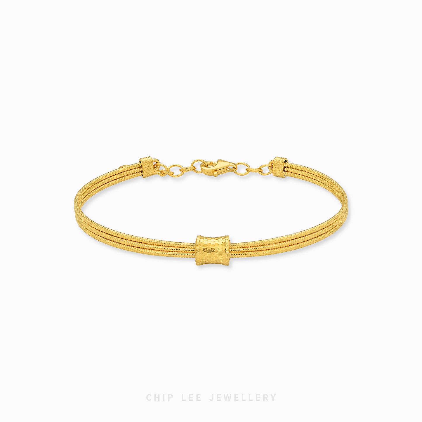 999 gold barrel triple rope bracelet in 24K pure gold with structured barrel centerpiece