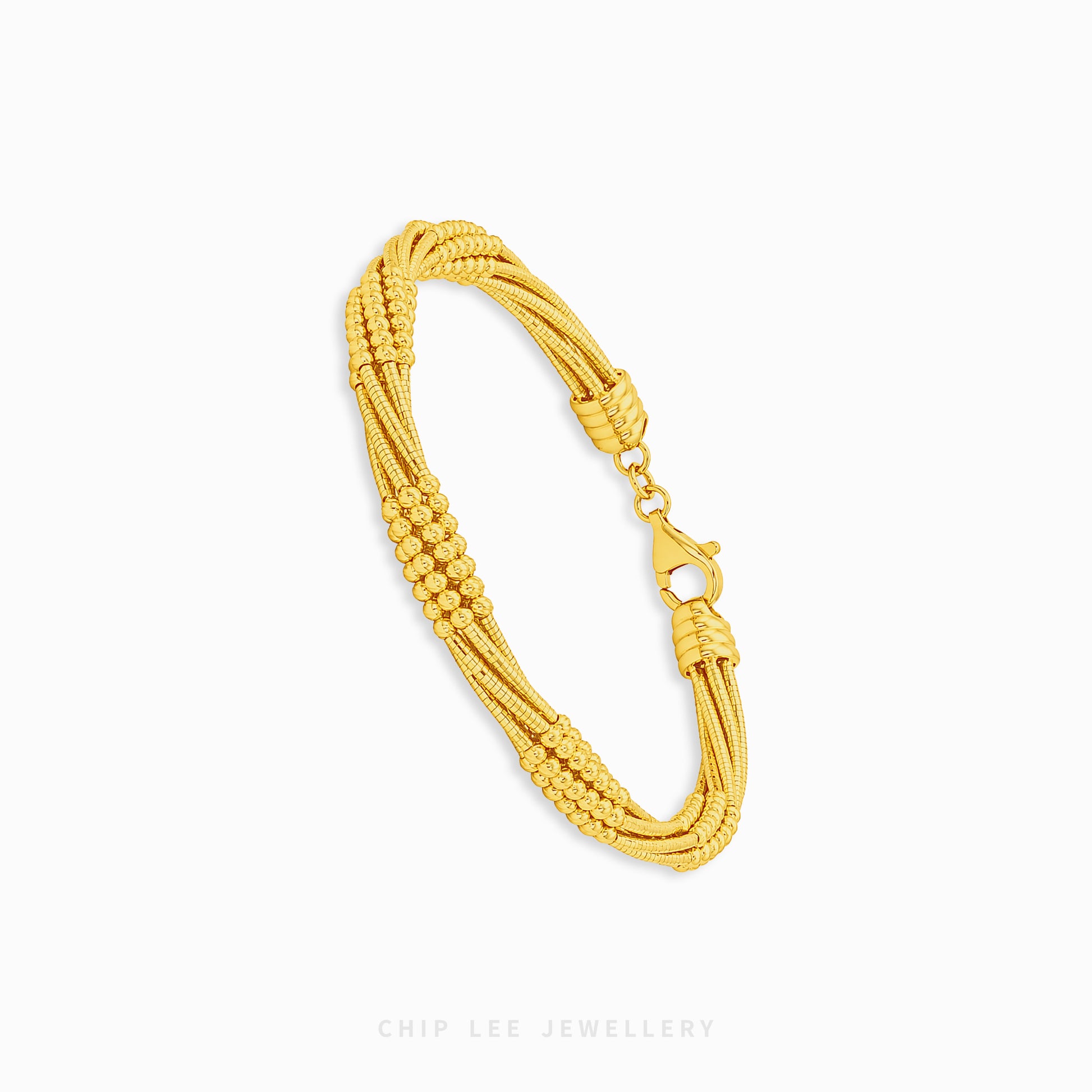 A gold multi-strand rope bracelet with textured beaded details and a lobster clasp, shown on a clean white background with 'CHIP LEE JEWELLERY' text at the bottom.