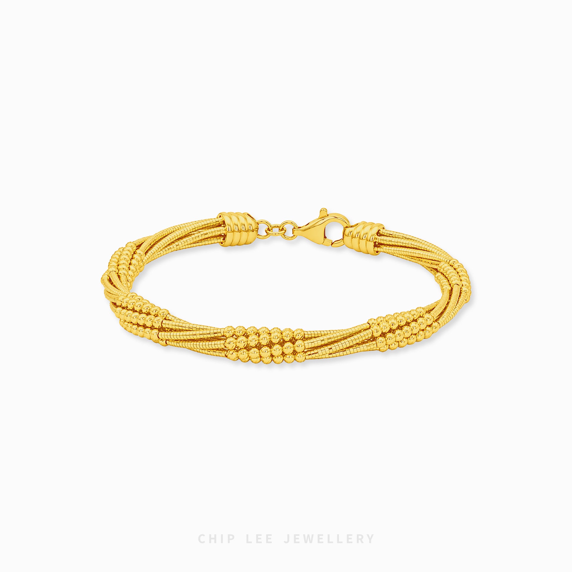 A gold multi-strand beaded bracelet with a lobster clasp, displayed on a clean white background with a Chip Lee Jewellery watermark at the bottom.