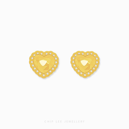 Chip Lee Jewellery Beaded Heart Stud Earring. 916 Gold (22K) heart studs with delicate beaded texture. Certified pure gold jewelry from Singapore.