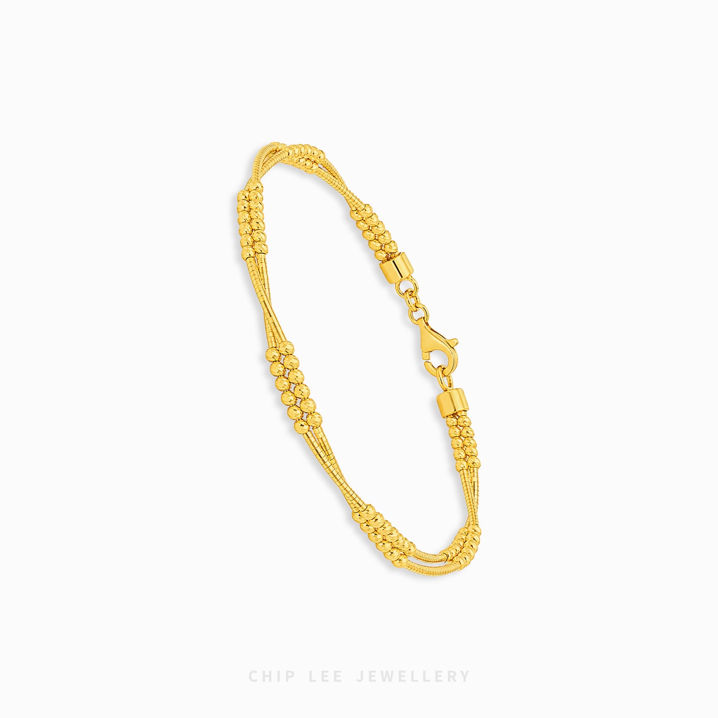 A gold multi-strand beaded chain bracelet with a lobster clasp, displayed on a clean white background with the brand name 'CHIP LEE JEWELLERY' printed at the bottom.