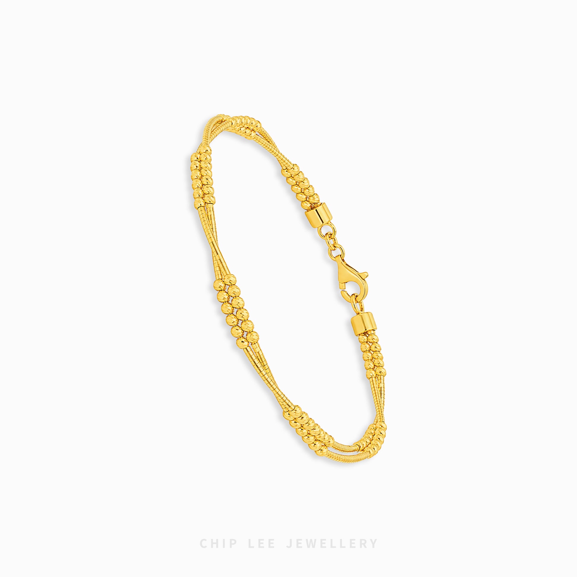 A gold multi-strand beaded chain bracelet with a lobster clasp, displayed on a clean white background with the brand name 'CHIP LEE JEWELLERY' printed at the bottom.