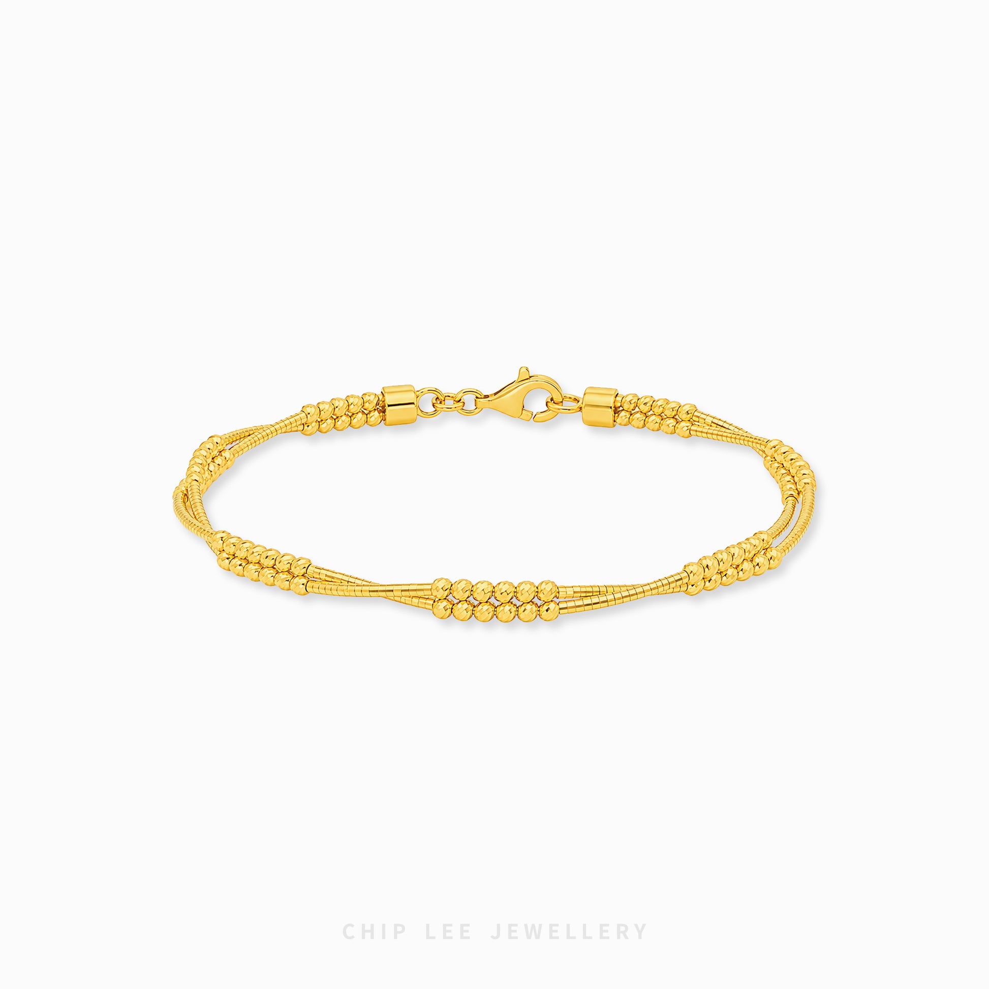 A gold multi-strand beaded chain bracelet with a lobster clasp, displayed on a clean white background with a faint 'CHIP LEE JEWELLERY' watermark at the bottom.
