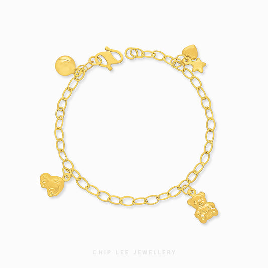 Bear, Car, Heart, and Star Charms Baby Bracelet by Chip Lee Jewellery, 916 gold, featuring playful charms, symbolizing joy and protection for newborns.
