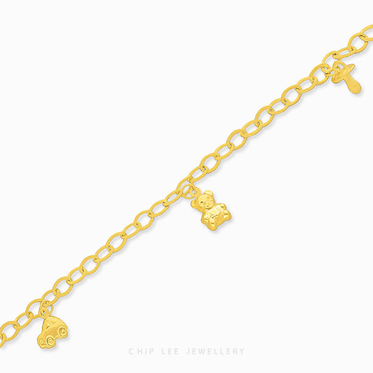 Bear, Car, Pacifier Charm Baby Bracelet by Chip Lee Jewellery, 916 gold, featuring playful charms, symbolizing joy and protection for newborns.