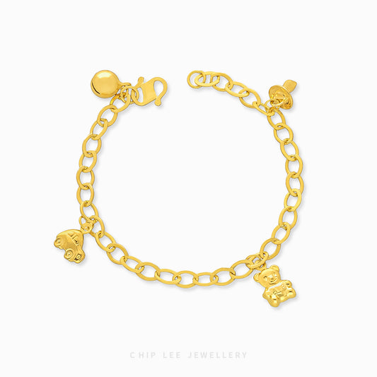Bear, Car, Pacifier Charm Baby Bracelet by Chip Lee Jewellery, 916 gold, featuring playful charms, symbolizing joy and protection for newborns.