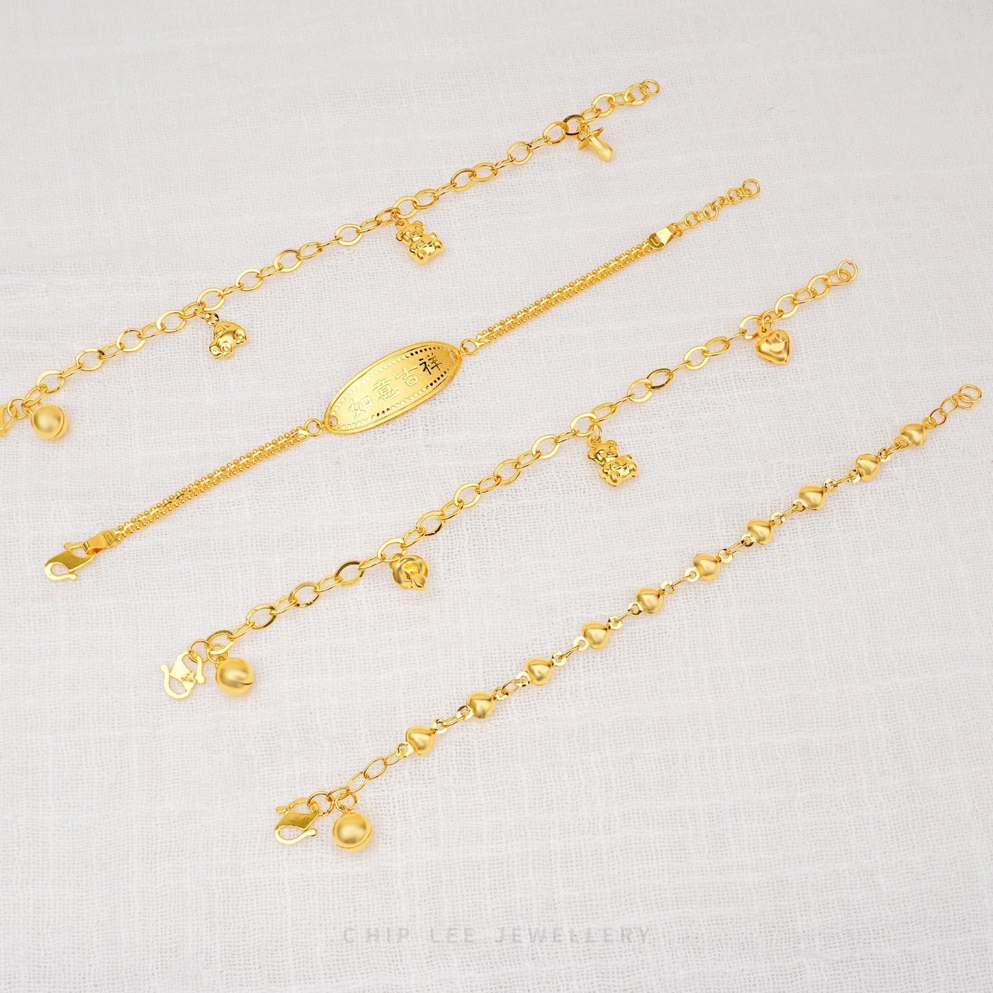 Bear, Car, Pacifier Charm Baby Bracelet Set by Chip Lee Jewellery, 916 gold, featuring playful charms, symbolizing joy and protection for newborns.