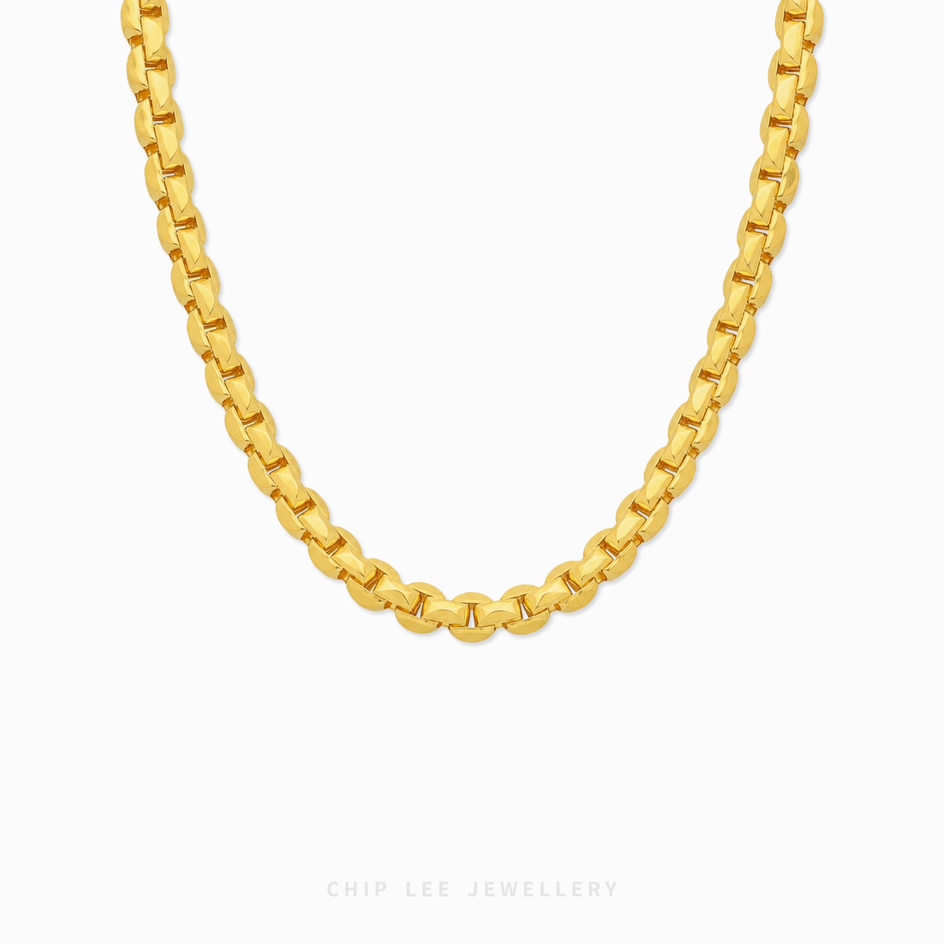 Bold gold box link chain necklace with geometric interlocking links and polished finish.