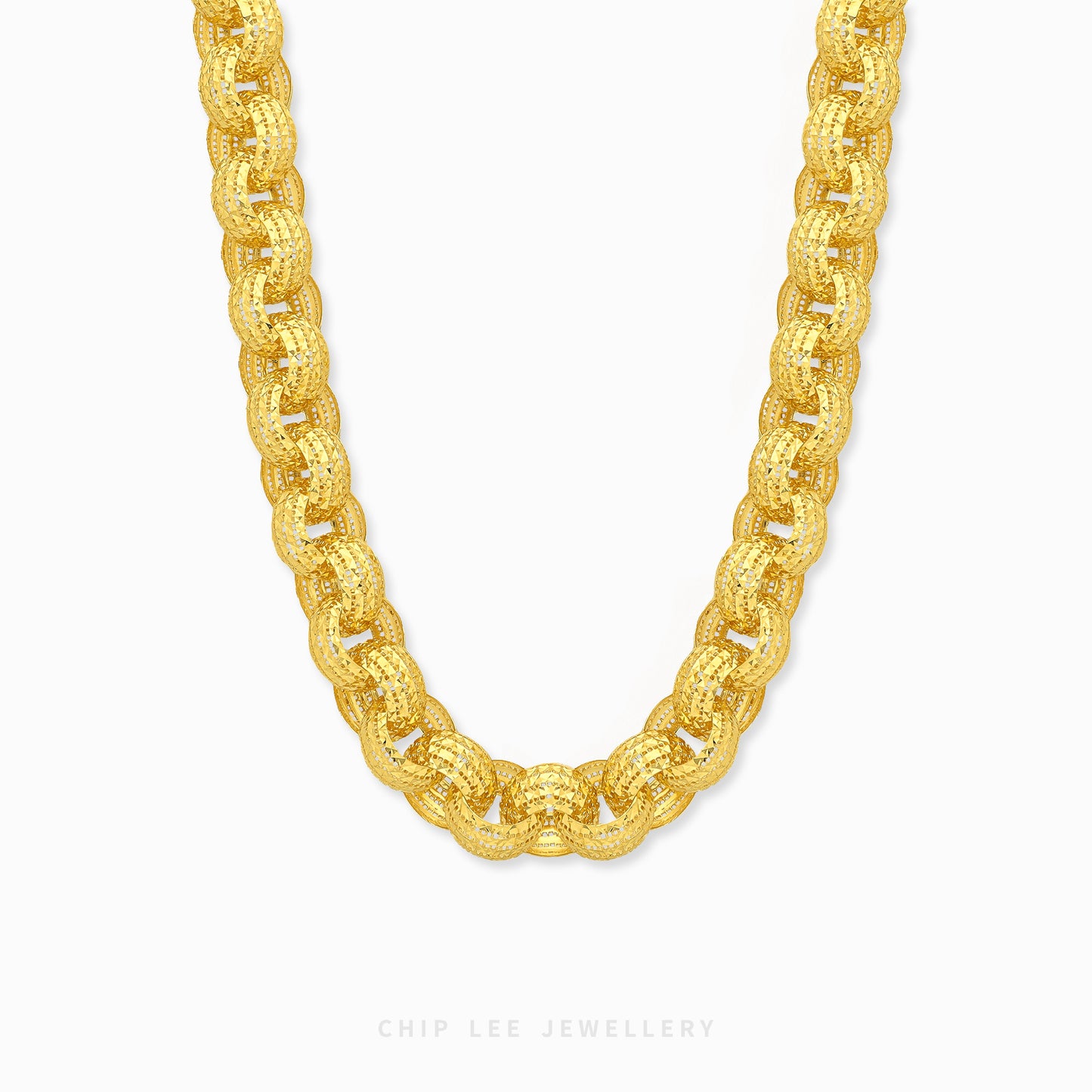 Bold Textured Rolo Link Chain Necklace featuring substantial textured circular links in a contemporary statement chain design.