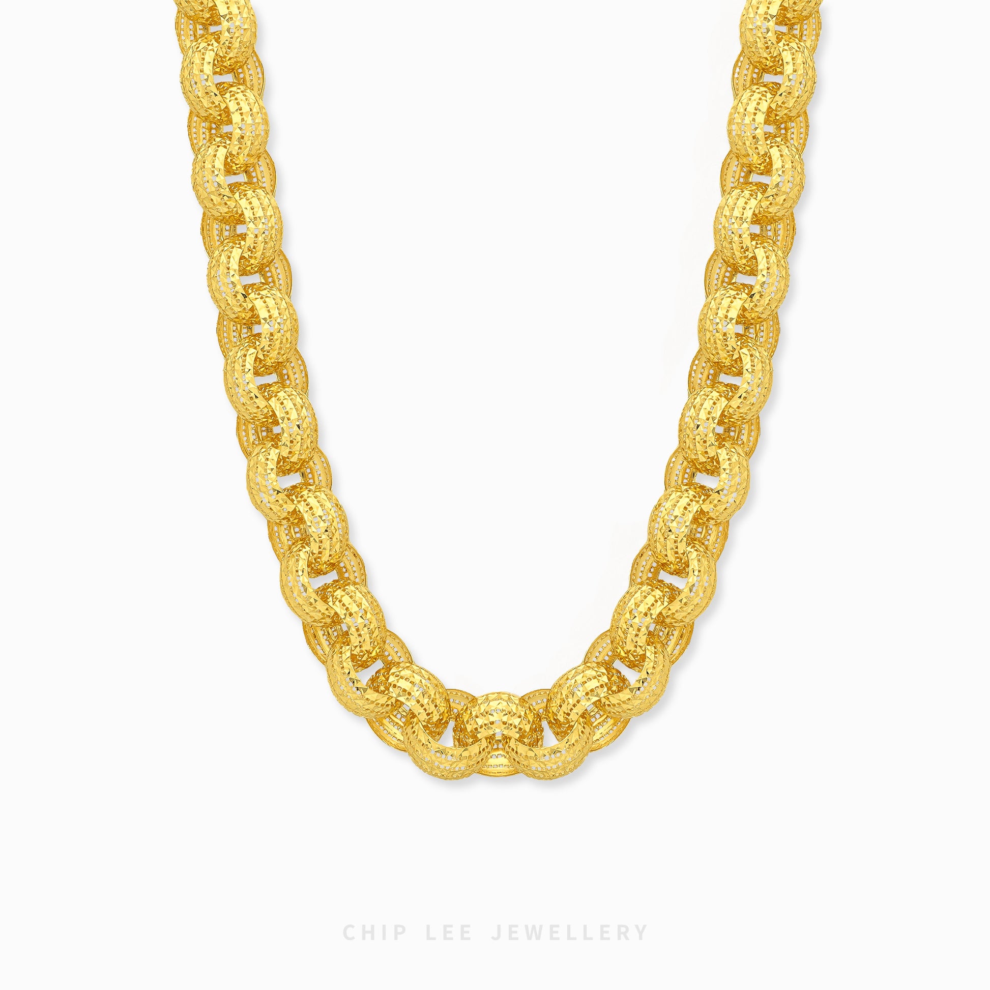 Bold Textured Rolo Link Chain Necklace featuring substantial textured circular links in a contemporary statement chain design.