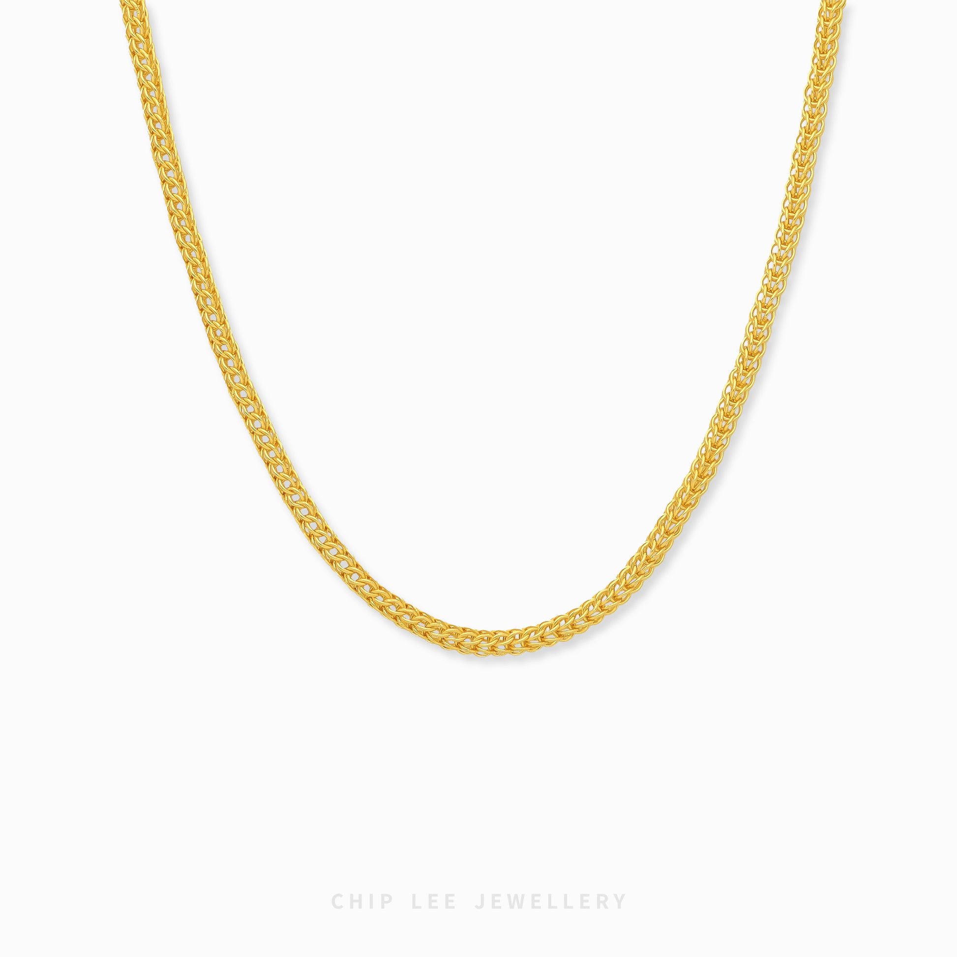 Gold woven box chain necklace with intricate interlocking links and polished finish.