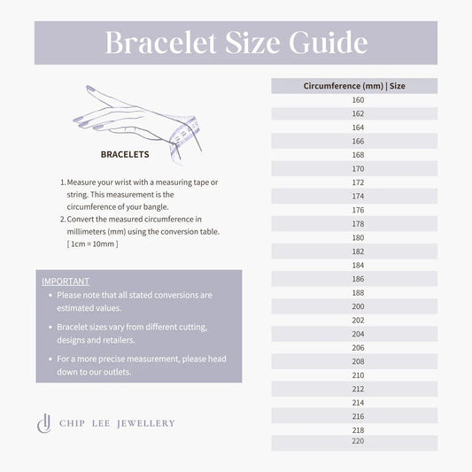 Bracelet size chart to help you find the perfect fit for Chip Lee Jewellery’s 916 gold certified bracelets and bangles.