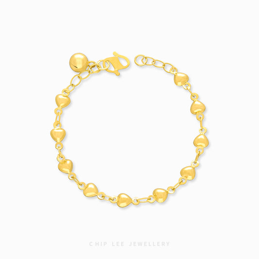 Bubble Hearts Baby Bracelet by Chip Lee Jewellery, 916 gold, featuring bubble-shaped heart links, symbolizing love and protection for newborns.