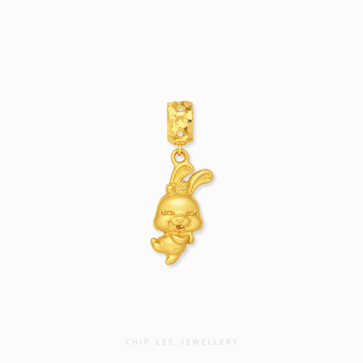A gold bunny charm pendant with a textured rectangular clasp, shown against a plain white background with 'CHIP LEE JEWELLERY' printed at the bottom.