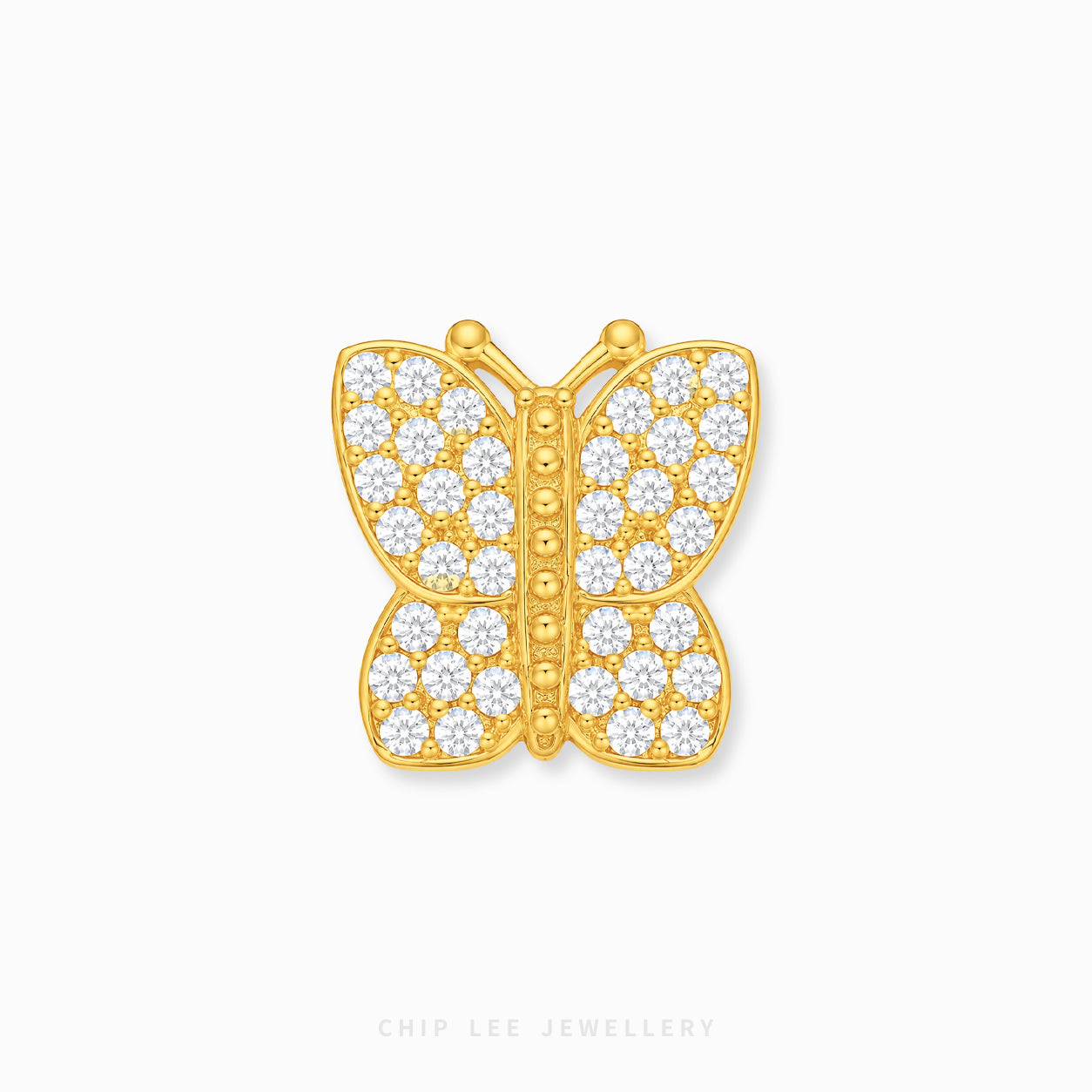 A gold butterfly-shaped charmpaved with small clear stones, centered on a light gray background with the brand name 'CHIP LEE JEWELLERY' faintly visible at the bottom.