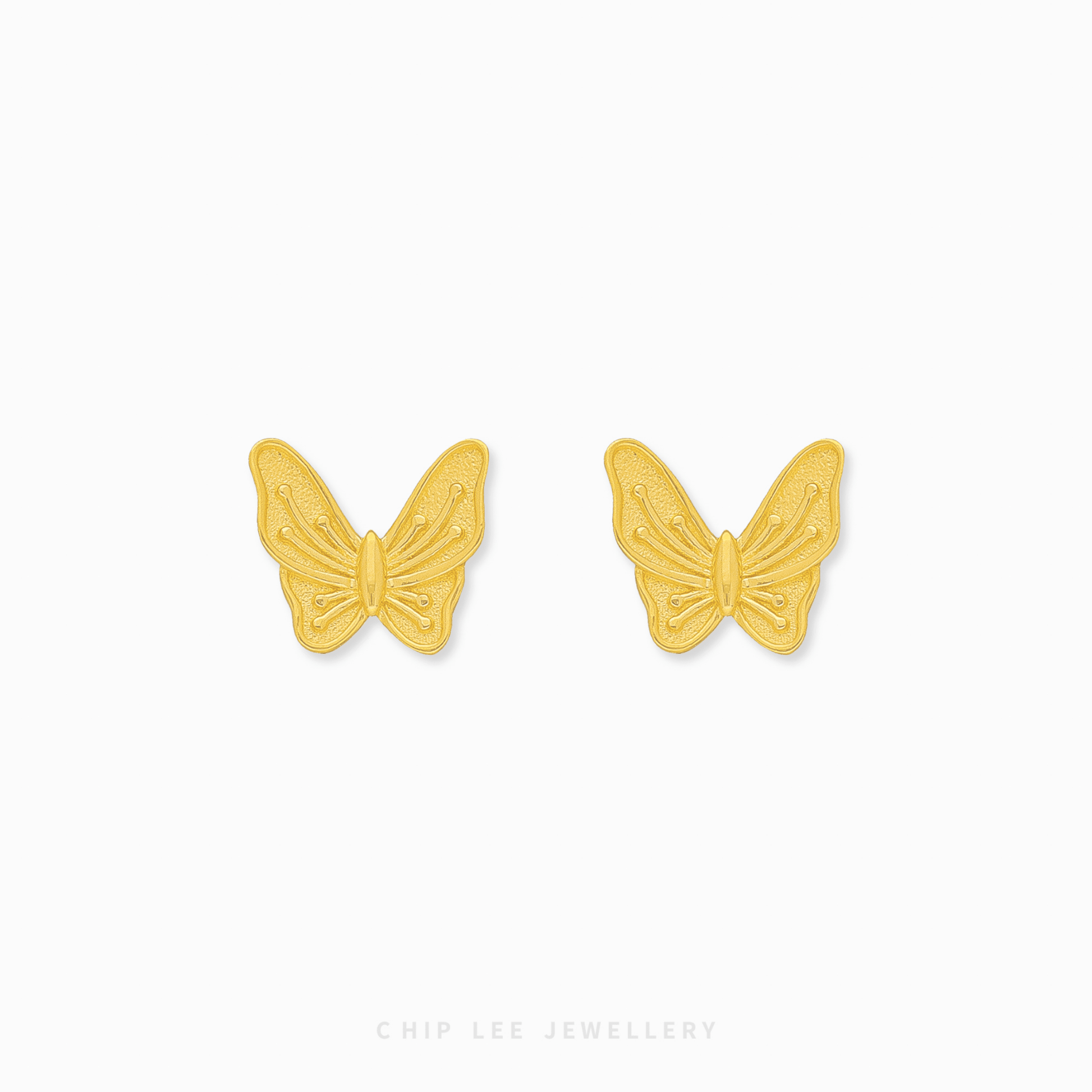 Chip Lee Jewellery Singapore Butterfly Stud Earrings 916 Gold. Delicate, nature-inspired gold studs for women. Symbol of hope and joy.