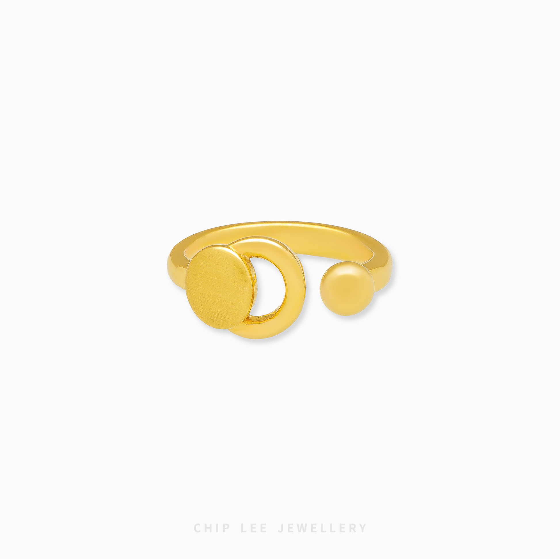 Gold ring with a minimalist design on a white background, featuring the brand 'Chip Lee Jewellery'.