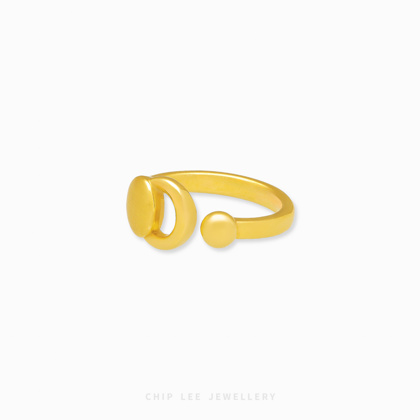 Gold ring with a minimalist design on a white background, featuring the brand 'Chip Lee Jewellery'.