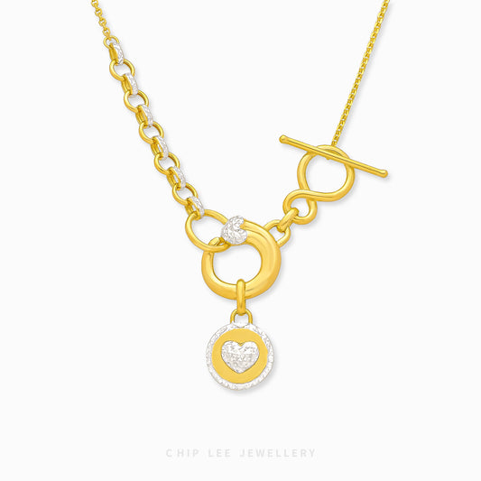 Duo Tone Circle Heart Toggle T-Bar Lock Necklace