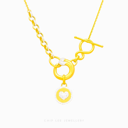 Duo Tone Circle Heart Toggle T-Bar Lock Necklace - Chip Lee Jewellery