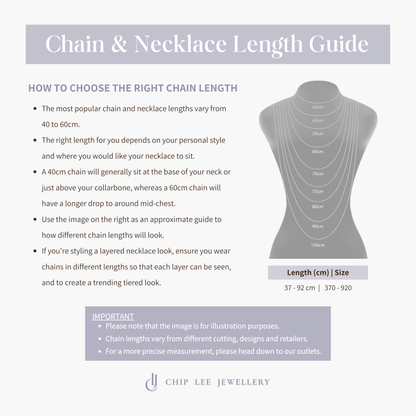 Necklace size chart for Chip Lee Jewellery 916 gold necklaces, guiding customers to select the ideal length for certified solid gold items.