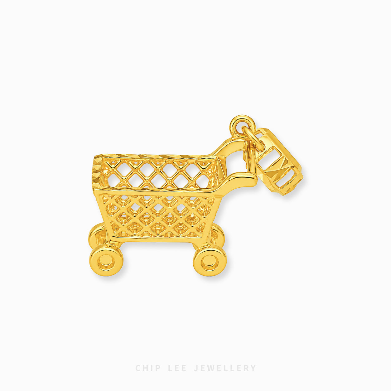 A gold shopping cart pendant charm with a detailed openwork basket design, shown on a clean white background with a faint Chip Lee Jewellery watermark at the bottom.