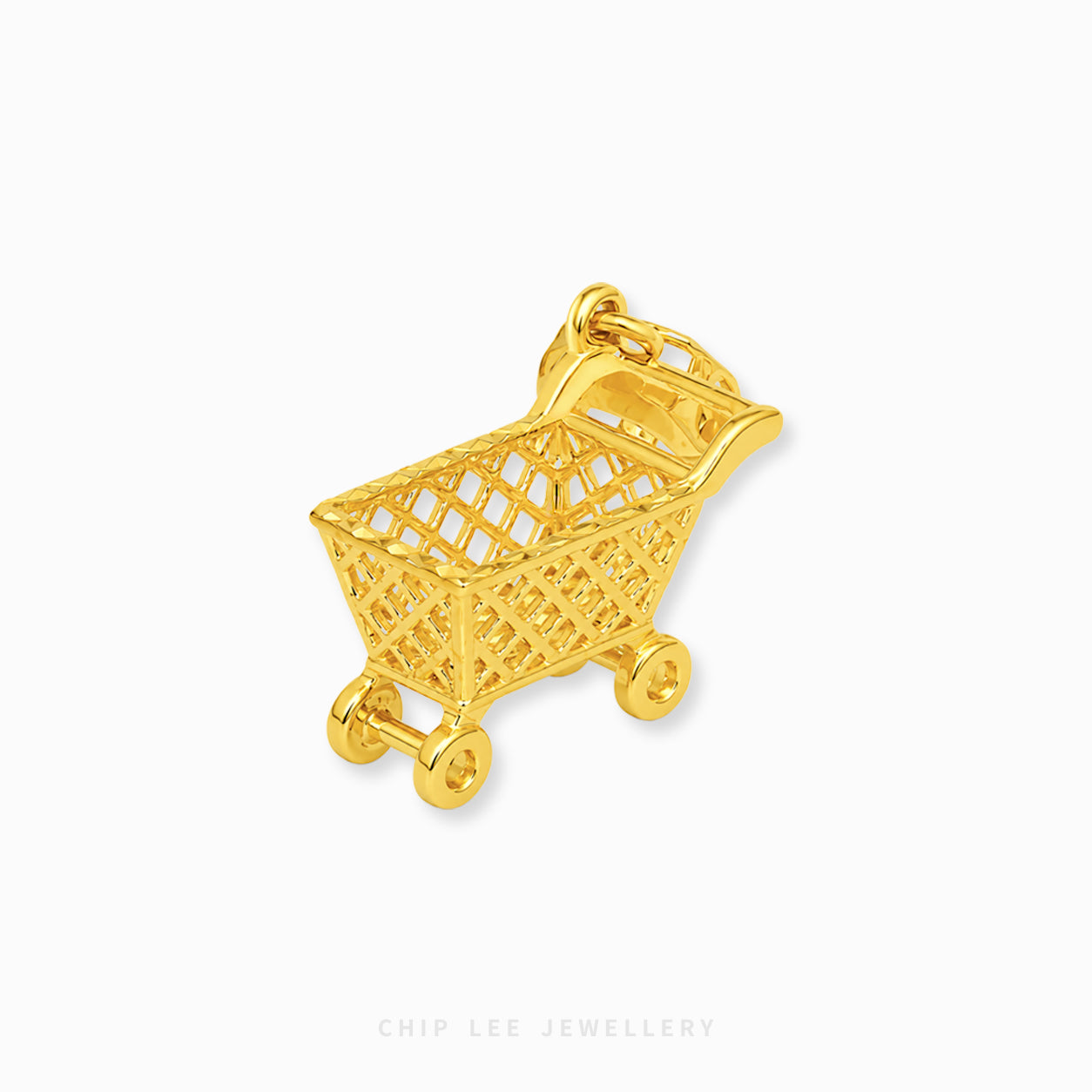A gold shopping cart pendant charm with a detailed openwork basket design, shown on a clean white background with a faint Chip Lee Jewellery watermark at the bottom.