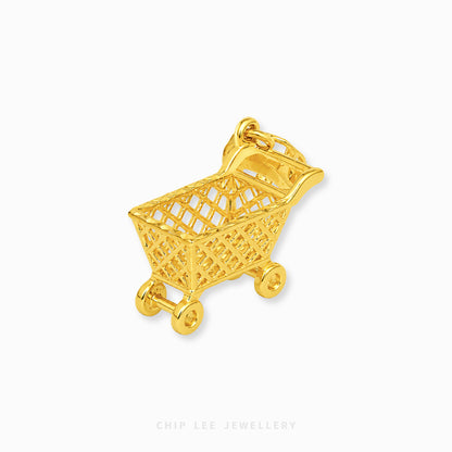 A gold shopping cart pendant charm with a detailed openwork basket design, shown on a clean white background with a faint Chip Lee Jewellery watermark at the bottom.