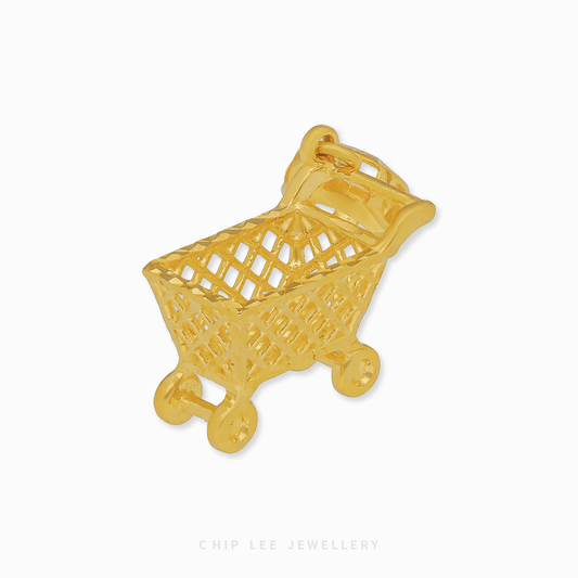 916 Gold Shopping Cart Charm. Unique gold charm symbolizing shopping, abundance, and the fulfilment of desires