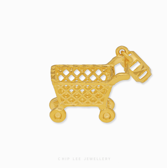 916 Gold Shopping Cart Charm. Unique gold charm symbolizing shopping, abundance, and the fulfilment of desires