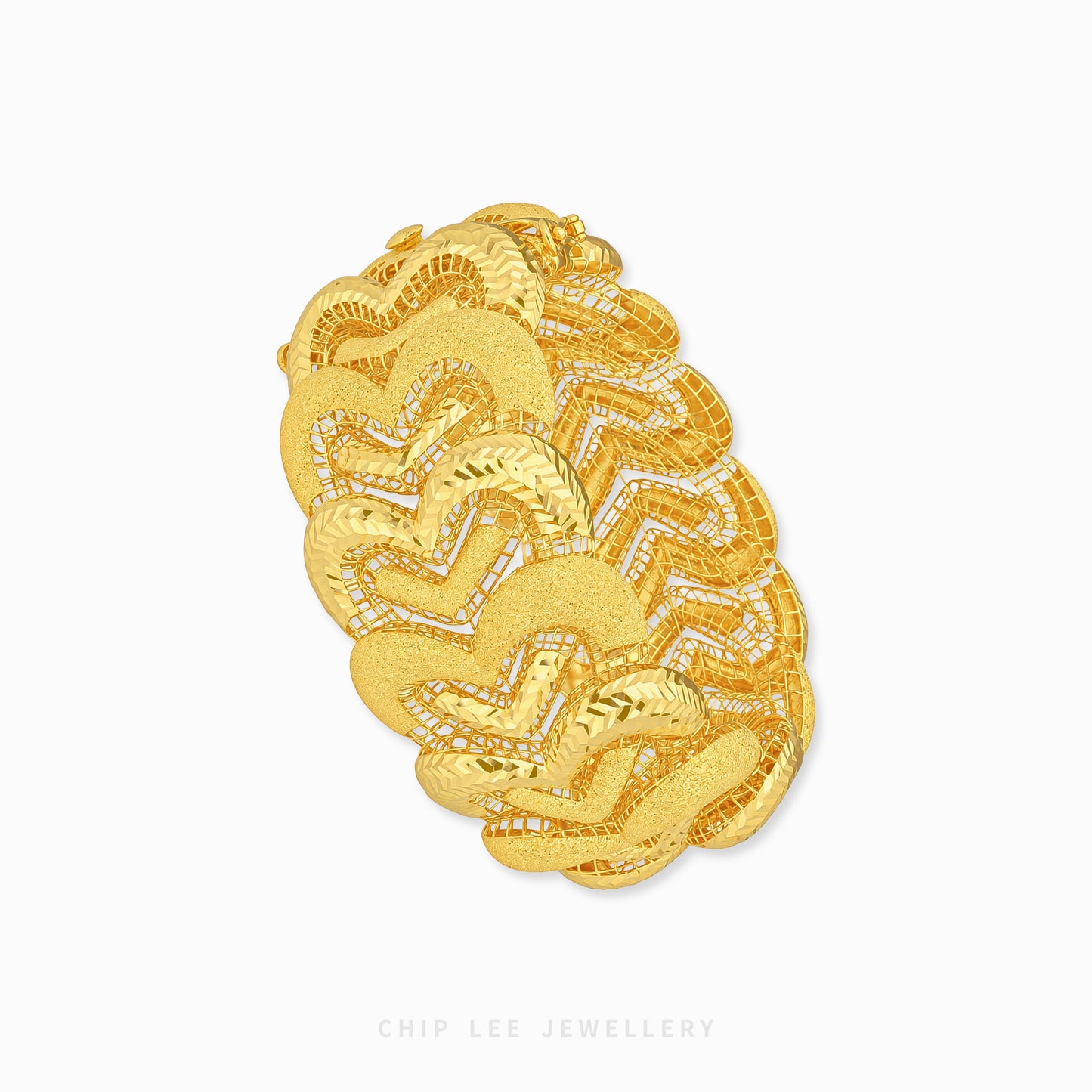 A chunky gold bangle bracelet with a textured, layered chevron pattern and small pavé-set clear stones, shown on a plain white background with a Chip Lee Jewellery watermark at the bottom.