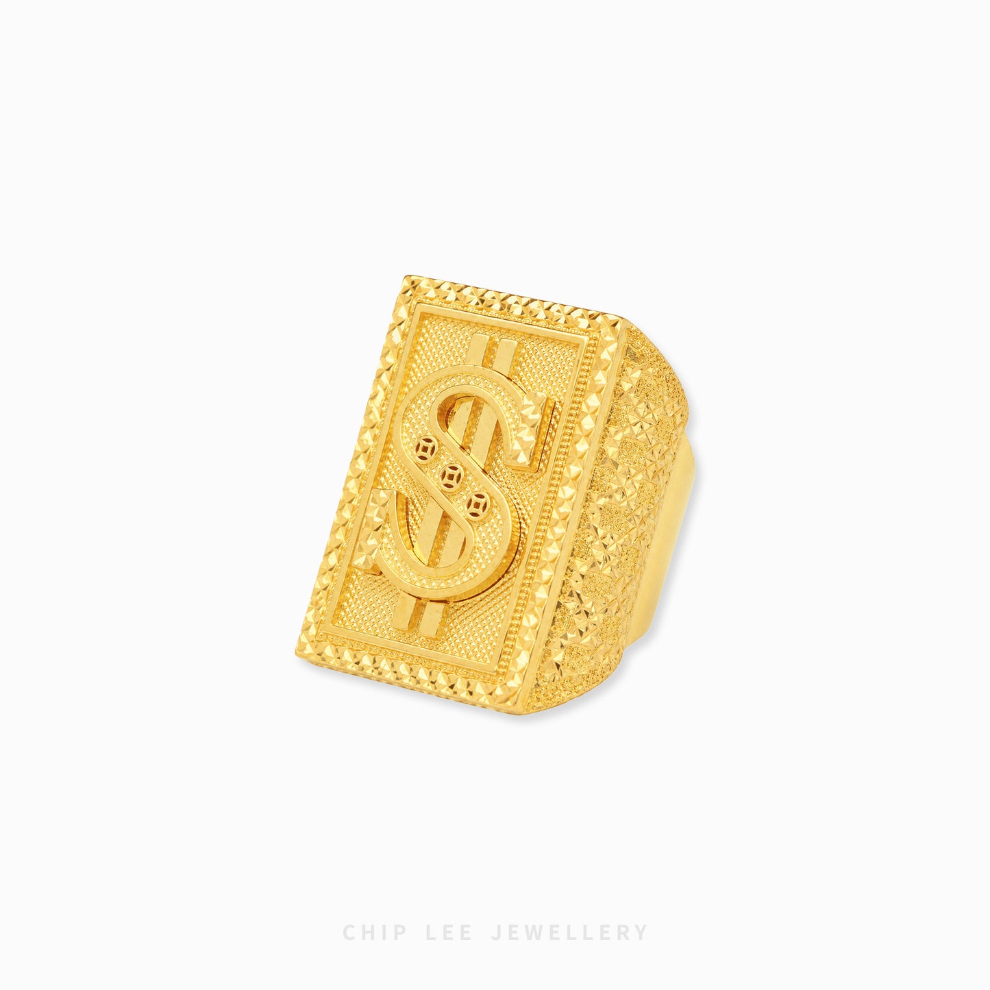 Chunky gold dollar sign ring with textured luxury statement design