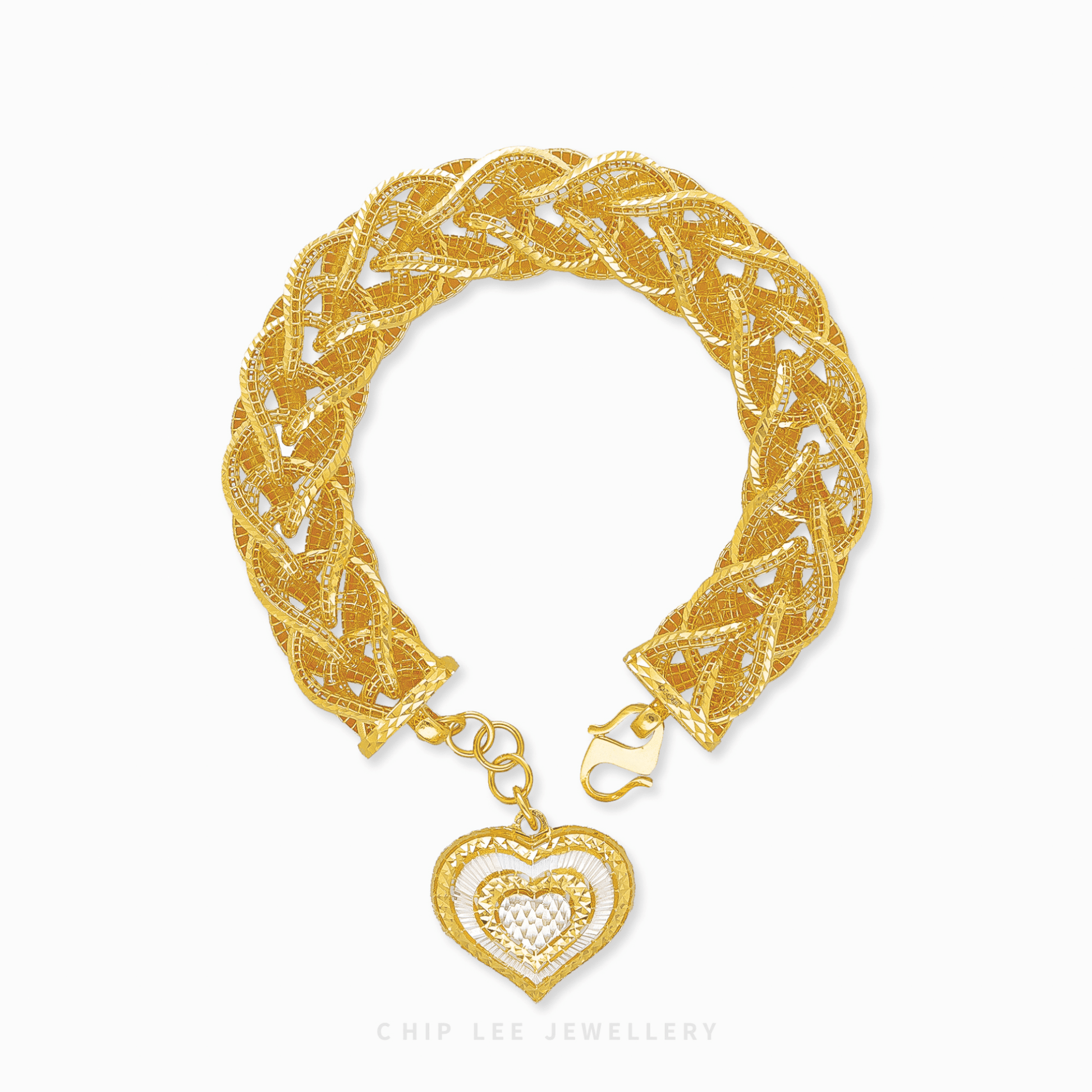 916 gold bracelet for women with intricate braided design and dangling two-tone polished heart pendant. Certified and hallmarked.