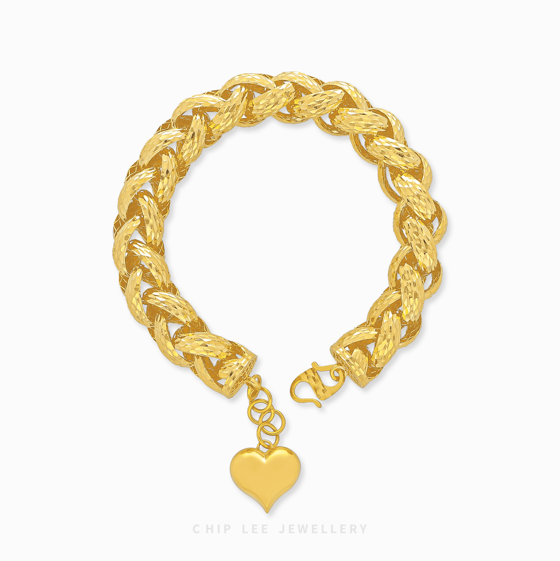Chunky Heart Charm Bracelet in 22 K/916 gold by Chip Lee Jewellery Singapore – bold links with heart charms, certified gold luxury.