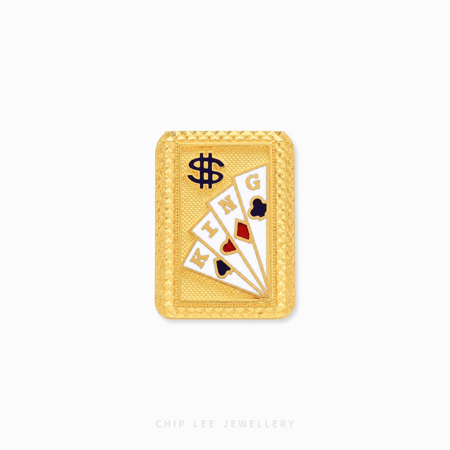 Chunky gold poker king ring featuring detailed playing cards with heart, spade, and club symbols on a textured rectangular face with luxury statement styling.