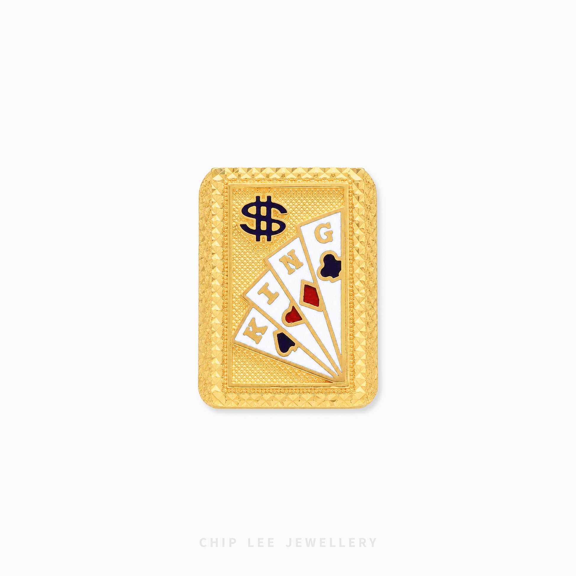 Chunky gold poker king ring featuring detailed playing cards with heart, spade, and club symbols on a textured rectangular face with luxury statement styling.